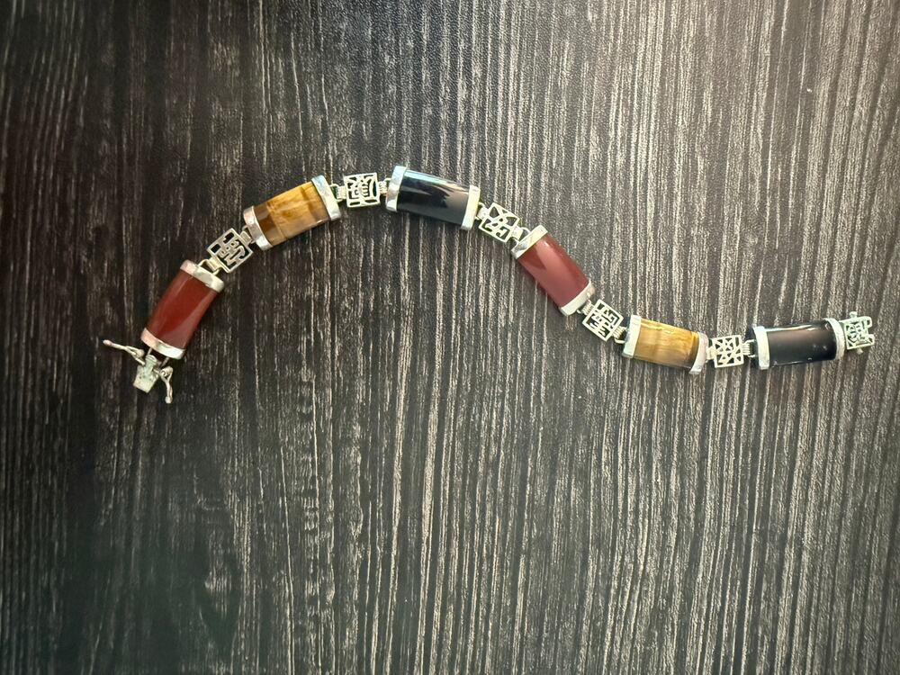 Signed Sterling Silver Jade Panel Bracelet Chinese Fortunes 7.25" Onyx Red White
